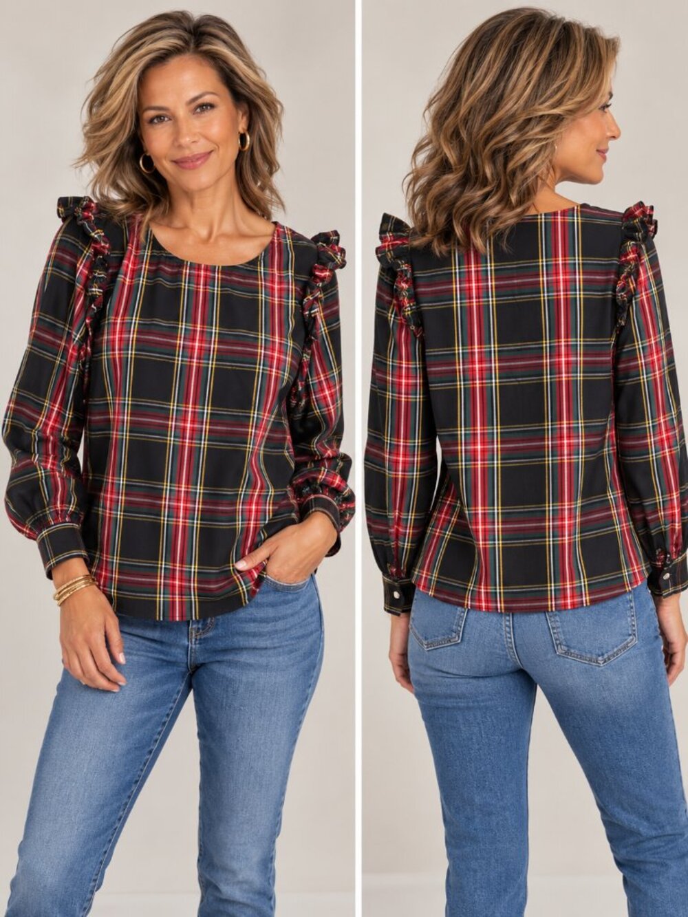 J.Crew Sz M Tartan Plaid Ruffle Shoulder Long Sleeve Blouse Preppy Holiday